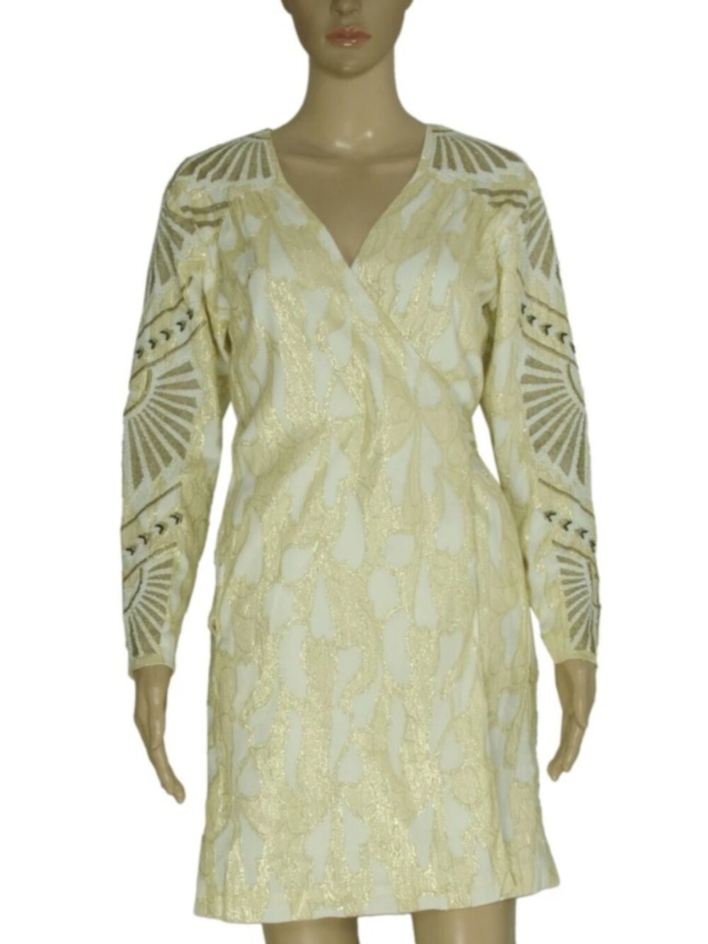 Free People Metallic Embroidered Beaded Wrap Cream Tie Mini Party Dress M